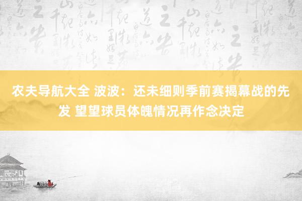 农夫导航大全 波波：还未细则季前赛揭幕战的先发 望望球员体魄情况再作念决定